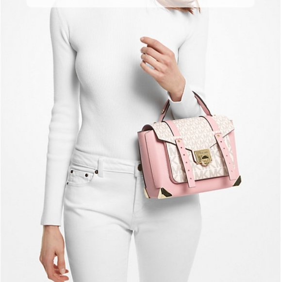 NWT Pink Michael Kors structured chic goldtone $500 retail Satchel - Picture 5 of 7